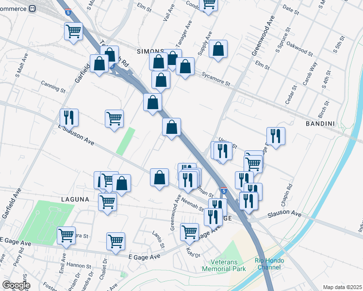 map of restaurants, bars, coffee shops, grocery stores, and more near 7400 Bandini Boulevard in Commerce
