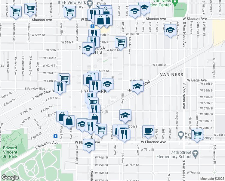 map of restaurants, bars, coffee shops, grocery stores, and more near 10th Avenue & Hyde Park Boulevard in Los Angeles