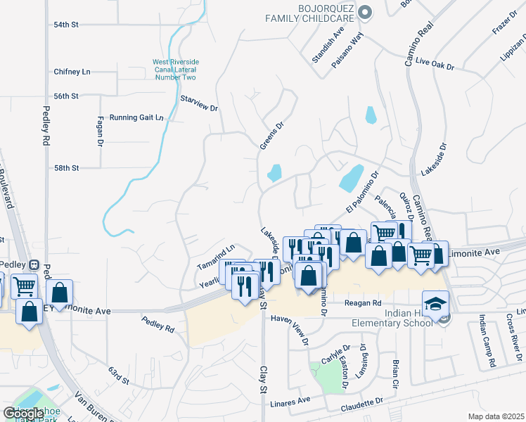 map of restaurants, bars, coffee shops, grocery stores, and more near 8308 Lakeside Drive in Riverside