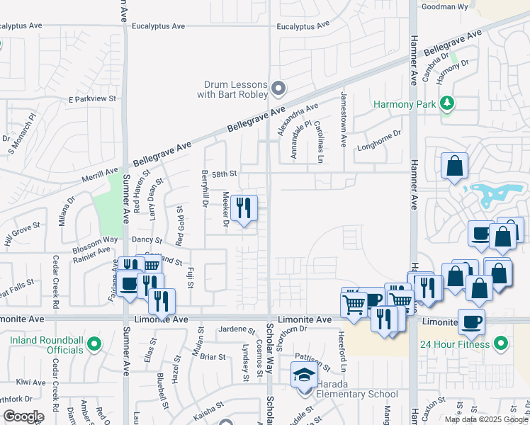 map of restaurants, bars, coffee shops, grocery stores, and more near 5930 Ginger Drive in Corona