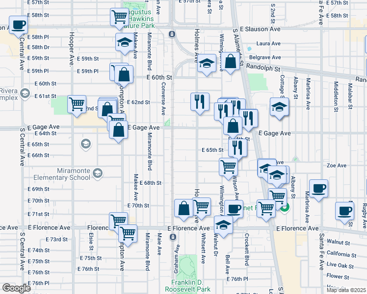 map of restaurants, bars, coffee shops, grocery stores, and more near 1740 East 64th Street in Los Angeles