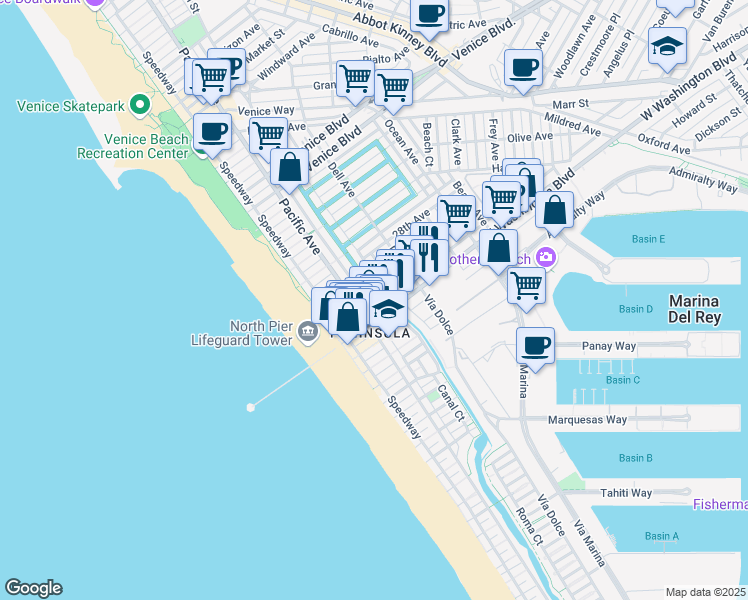 map of restaurants, bars, coffee shops, grocery stores, and more near 3001 Grand Canal in Los Angeles