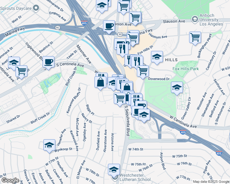 map of restaurants, bars, coffee shops, grocery stores, and more near 6181 South Sepulveda Boulevard in Los Angeles