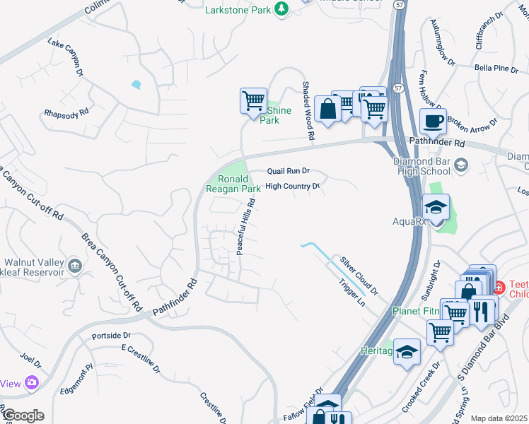 map of restaurants, bars, coffee shops, grocery stores, and more near 20819 East Rim Lane in Walnut