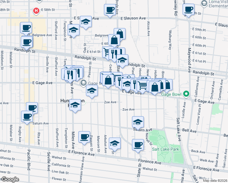 map of restaurants, bars, coffee shops, grocery stores, and more near 3065 East Gage Avenue in Huntington Park
