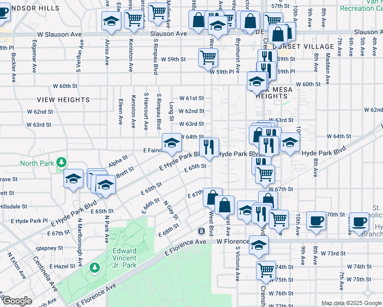 map of restaurants, bars, coffee shops, grocery stores, and more near 1125 East Hyde Park Boulevard in Inglewood