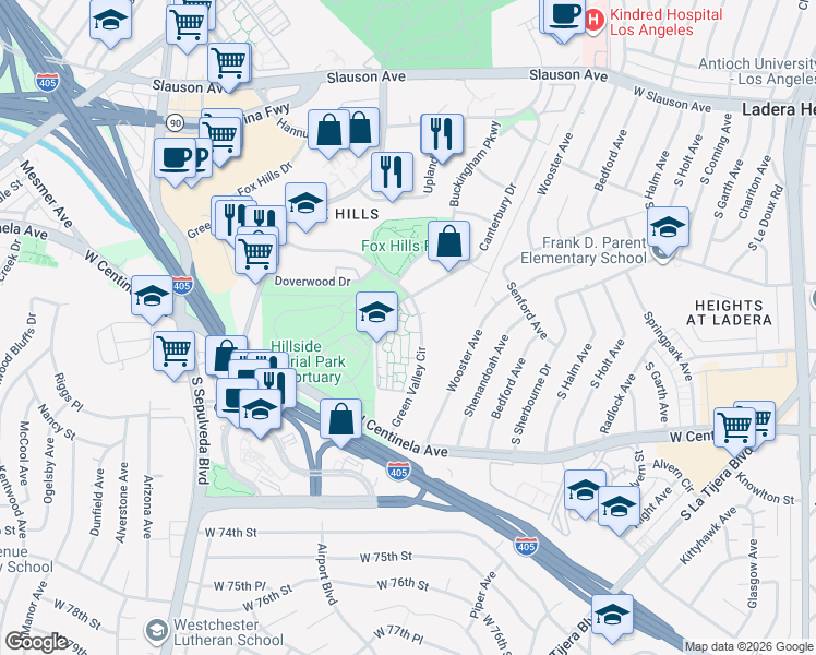 map of restaurants, bars, coffee shops, grocery stores, and more near 6237 Green Valley Circle in Culver City