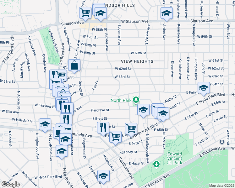 map of restaurants, bars, coffee shops, grocery stores, and more near 1320 Buckler Avenue in Inglewood