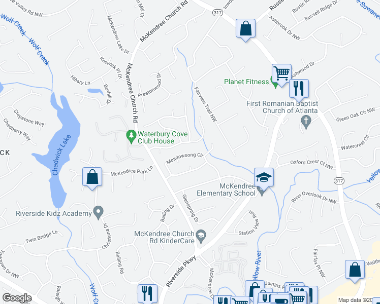map of restaurants, bars, coffee shops, grocery stores, and more near 990 Meadowsong Circle in Lawrenceville
