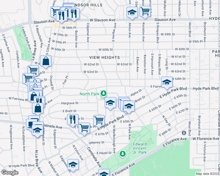 map of restaurants, bars, coffee shops, grocery stores, and more near 642 East Fairview Boulevard in Inglewood