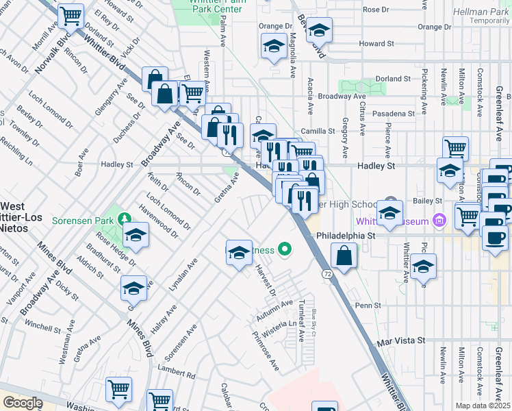 map of restaurants, bars, coffee shops, grocery stores, and more near 11730 Whittier Boulevard in Whittier
