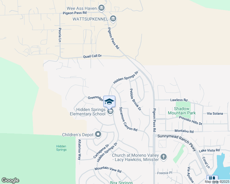 map of restaurants, bars, coffee shops, grocery stores, and more near 9643 Sycamore Canyon Road in Moreno Valley