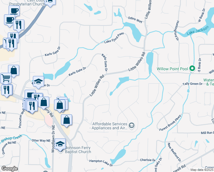 map of restaurants, bars, coffee shops, grocery stores, and more near 1345 Garrick Way in Marietta