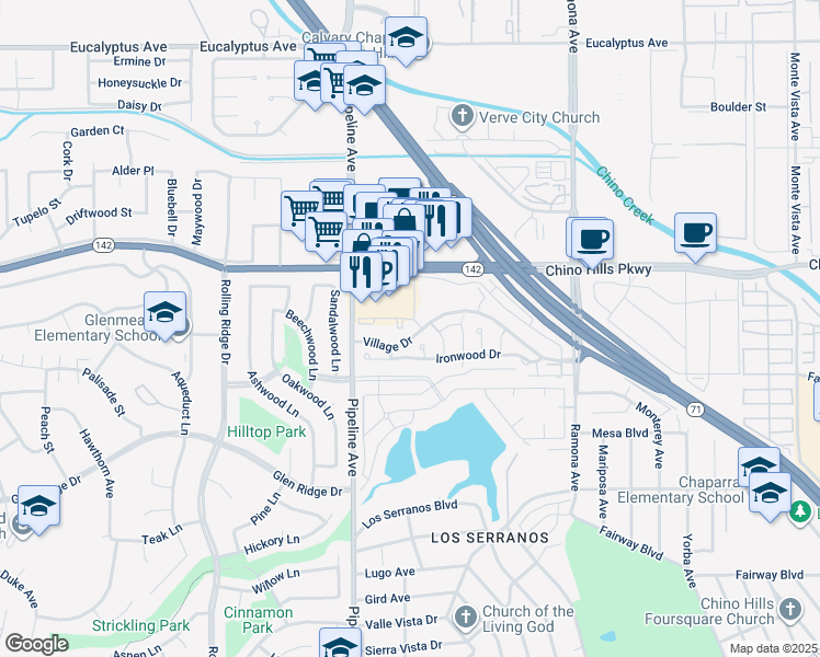 map of restaurants, bars, coffee shops, grocery stores, and more near 4126 Village Drive in Chino Hills