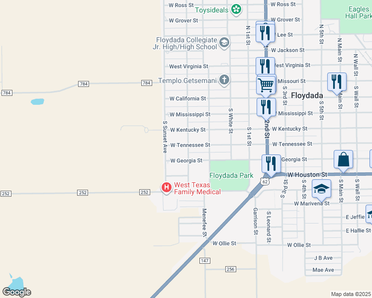 map of restaurants, bars, coffee shops, grocery stores, and more near 836 West Tennessee Street in Floydada