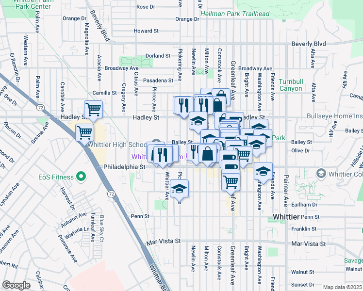 map of restaurants, bars, coffee shops, grocery stores, and more near 6706 Pickering Avenue in Whittier
