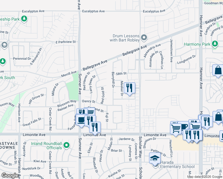 map of restaurants, bars, coffee shops, grocery stores, and more near 5903 Berryhill Drive in Eastvale