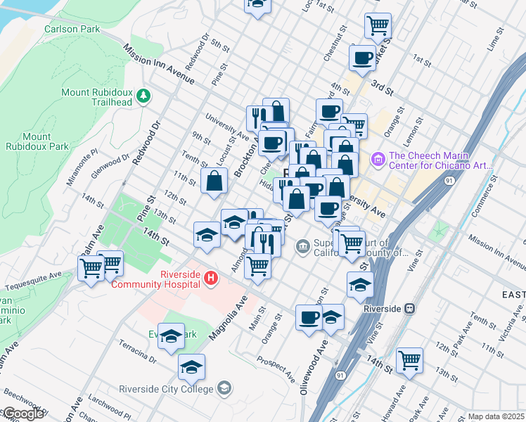map of restaurants, bars, coffee shops, grocery stores, and more near 4049 Almond Street in Riverside