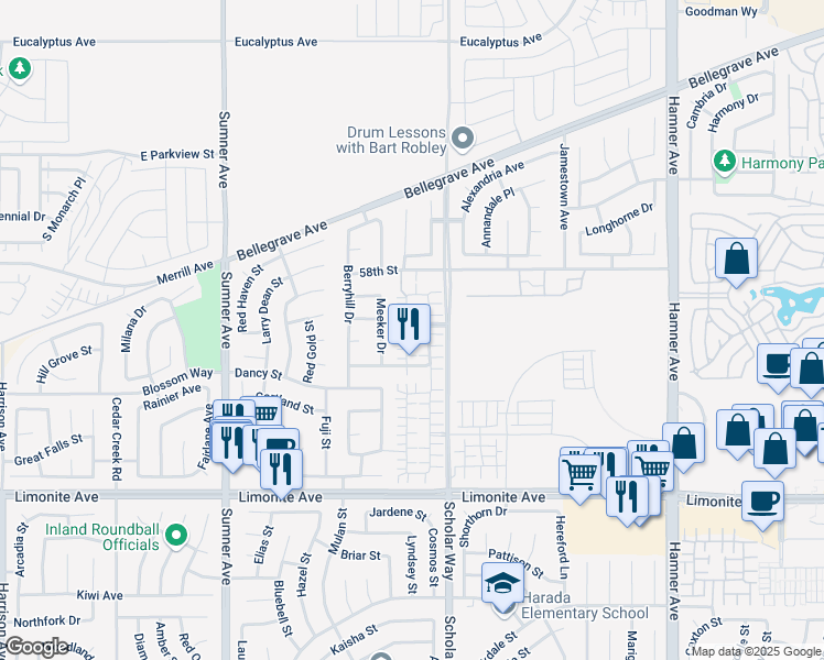 map of restaurants, bars, coffee shops, grocery stores, and more near 5938 Silveira Street in Corona
