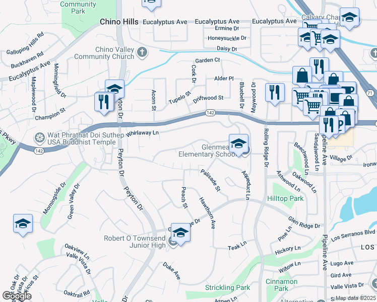 map of restaurants, bars, coffee shops, grocery stores, and more near 3567 Terrace Drive in Chino Hills