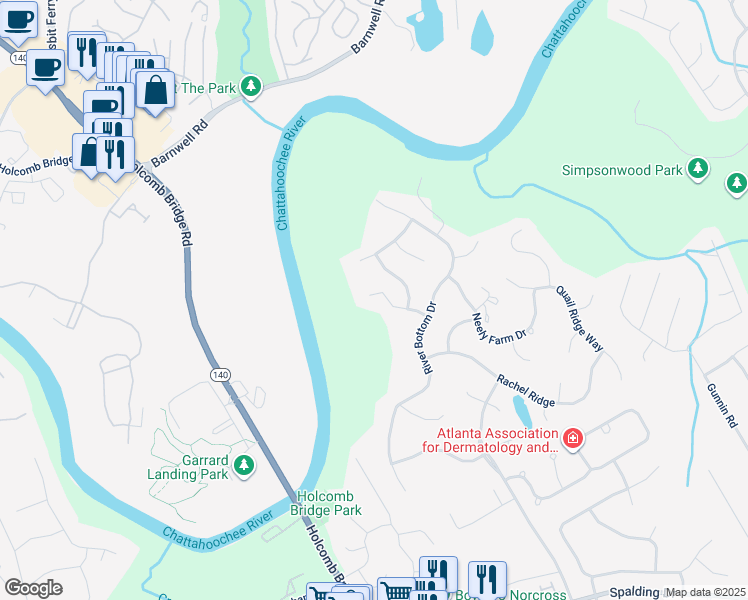 map of restaurants, bars, coffee shops, grocery stores, and more near 6283 Indian Field in Norcross