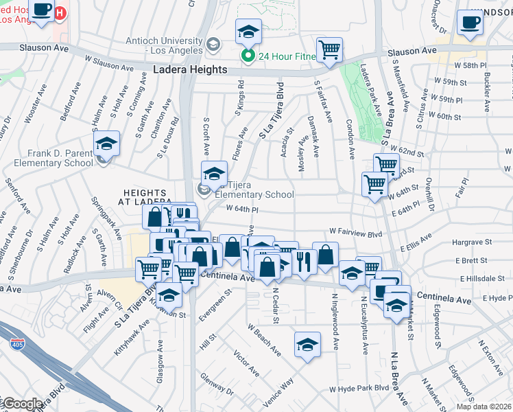 map of restaurants, bars, coffee shops, grocery stores, and more near 500 West 64th Street in Inglewood