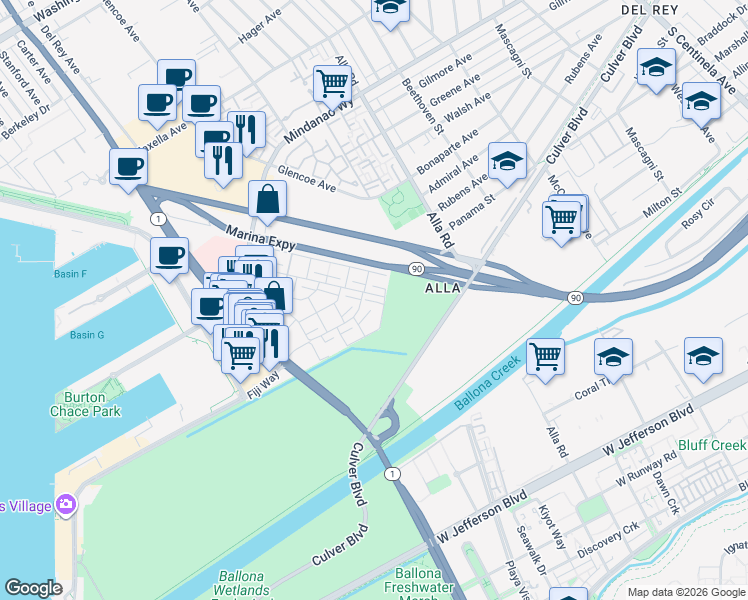 map of restaurants, bars, coffee shops, grocery stores, and more near 4801 La Villa Marina in Marina del Rey
