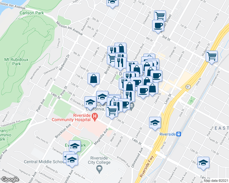 map of restaurants, bars, coffee shops, grocery stores, and more near 4049 Almond Street in Riverside
