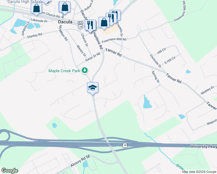 map of restaurants, bars, coffee shops, grocery stores, and more near 2515 Dacula Ridge Drive in Dacula