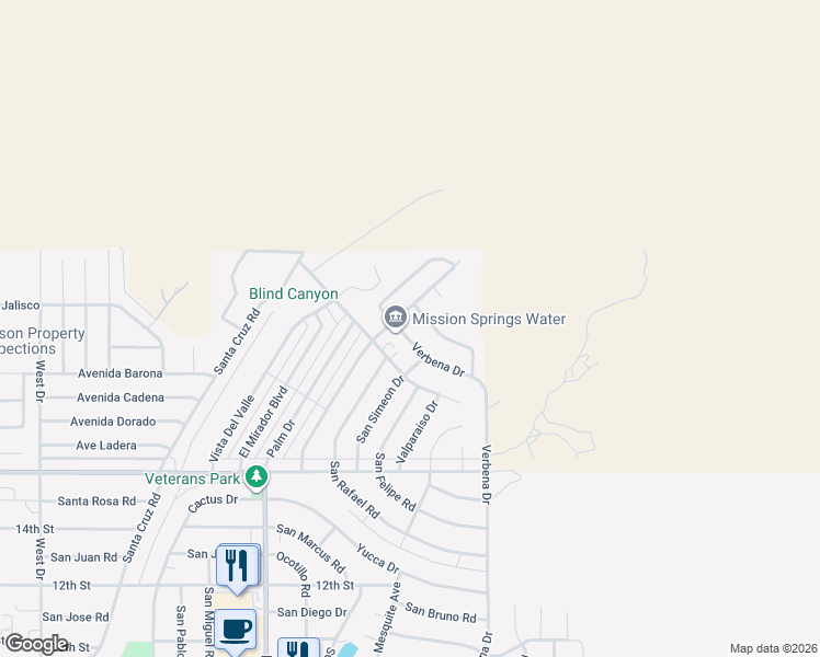 map of restaurants, bars, coffee shops, grocery stores, and more near 66802 Verbena Drive in Desert Hot Springs