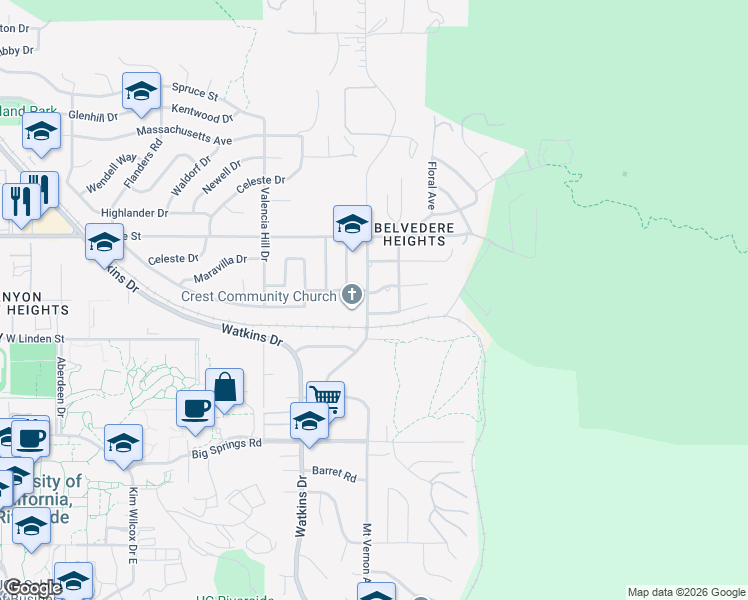 map of restaurants, bars, coffee shops, grocery stores, and more near 3396 Mount Vernon Avenue in Riverside