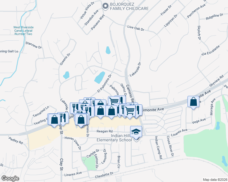 map of restaurants, bars, coffee shops, grocery stores, and more near 5878 Palencia Drive in Riverside