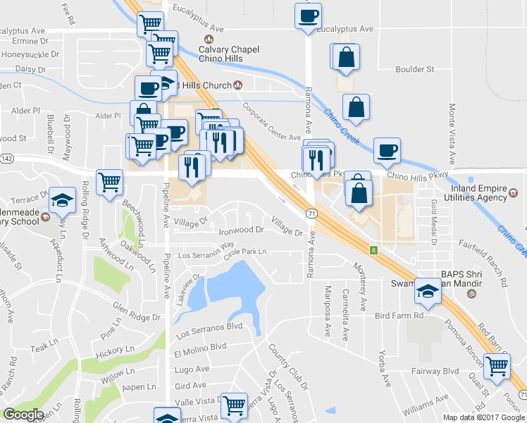 map of restaurants, bars, coffee shops, grocery stores, and more near 4236 Village Drive in Chino Hills