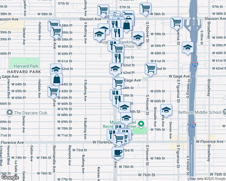 map of restaurants, bars, coffee shops, grocery stores, and more near 6400 South Vermont Avenue in Los Angeles