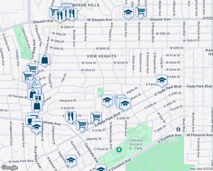 map of restaurants, bars, coffee shops, grocery stores, and more near 639 East Fairview Boulevard in Inglewood