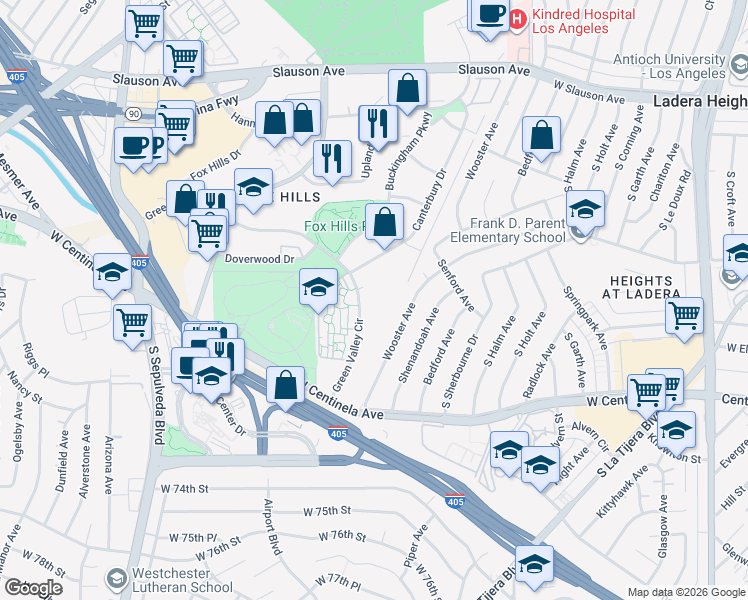 map of restaurants, bars, coffee shops, grocery stores, and more near 6310 Green Valley Circle in Culver City
