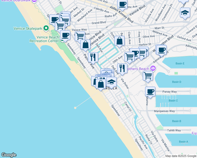 map of restaurants, bars, coffee shops, grocery stores, and more near 38 28th Place in Los Angeles