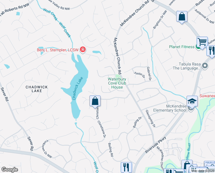 map of restaurants, bars, coffee shops, grocery stores, and more near 1441 Burycove Circle in Lawrenceville