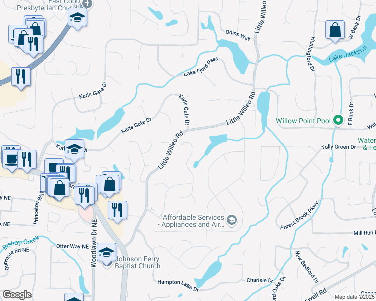 map of restaurants, bars, coffee shops, grocery stores, and more near 1345 Garrick Way in Marietta