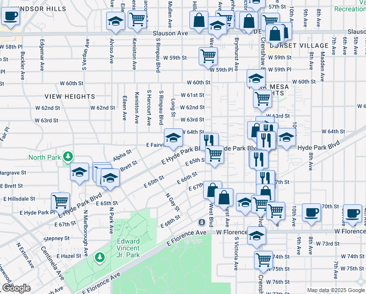 map of restaurants, bars, coffee shops, grocery stores, and more near 1118 East Fairview Boulevard in Inglewood