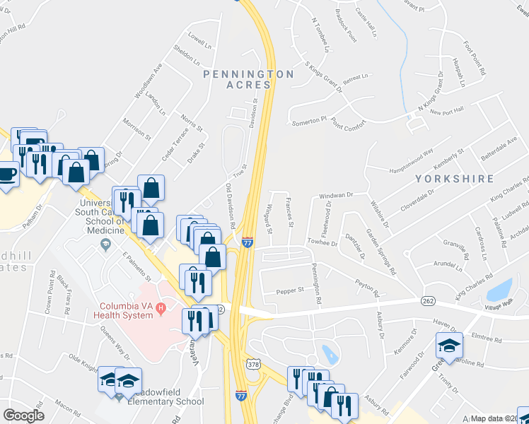 map of restaurants, bars, coffee shops, grocery stores, and more near 6627 Wingard Street in Columbia