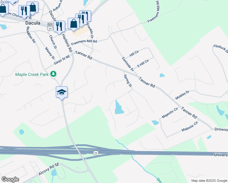 map of restaurants, bars, coffee shops, grocery stores, and more near 605 Elvina Court in Dacula