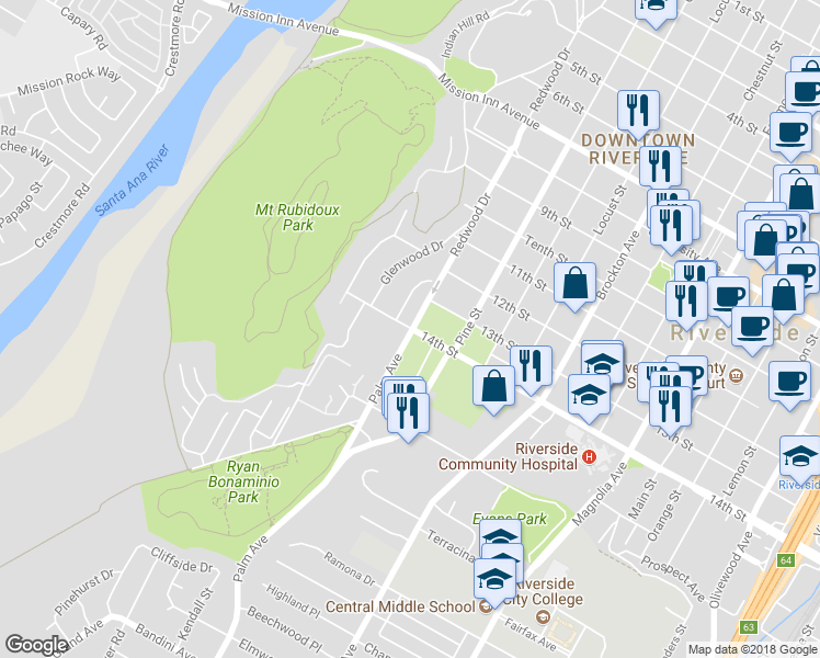 map of restaurants, bars, coffee shops, grocery stores, and more near 4524 14th Street in Riverside