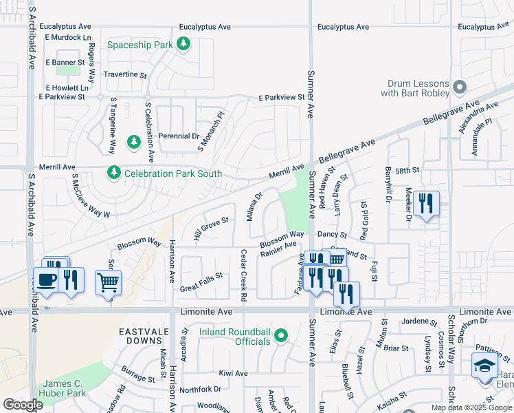 map of restaurants, bars, coffee shops, grocery stores, and more near 5918 Milana Drive in Corona
