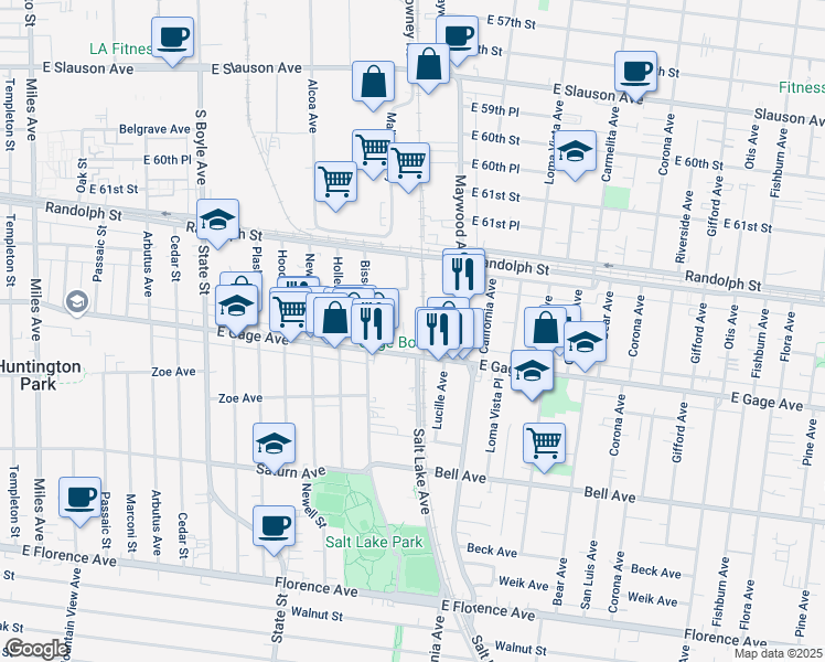 map of restaurants, bars, coffee shops, grocery stores, and more near 3383 East Gage Avenue in Huntington Park