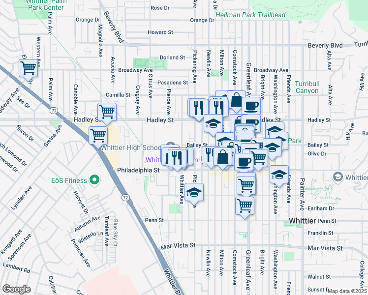 map of restaurants, bars, coffee shops, grocery stores, and more near 12515 Bailey Street in Whittier