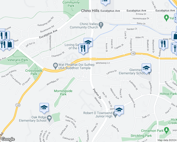 map of restaurants, bars, coffee shops, grocery stores, and more near 14957 Camden Avenue in Chino Hills