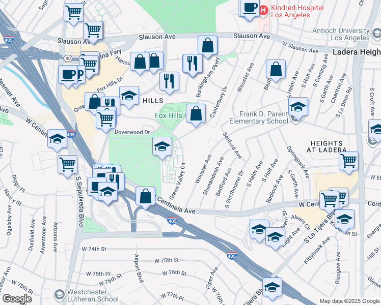 map of restaurants, bars, coffee shops, grocery stores, and more near 6300 Green Valley Circle in Culver City