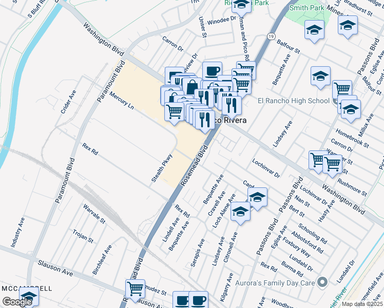 map of restaurants, bars, coffee shops, grocery stores, and more near 7185 Rosemead Boulevard in Pico Rivera