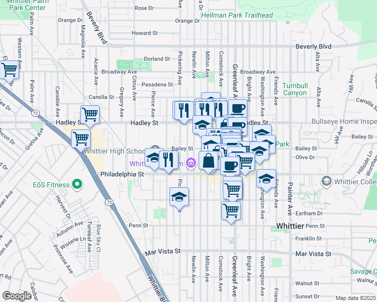 map of restaurants, bars, coffee shops, grocery stores, and more near 12618 Bailey Street in Whittier